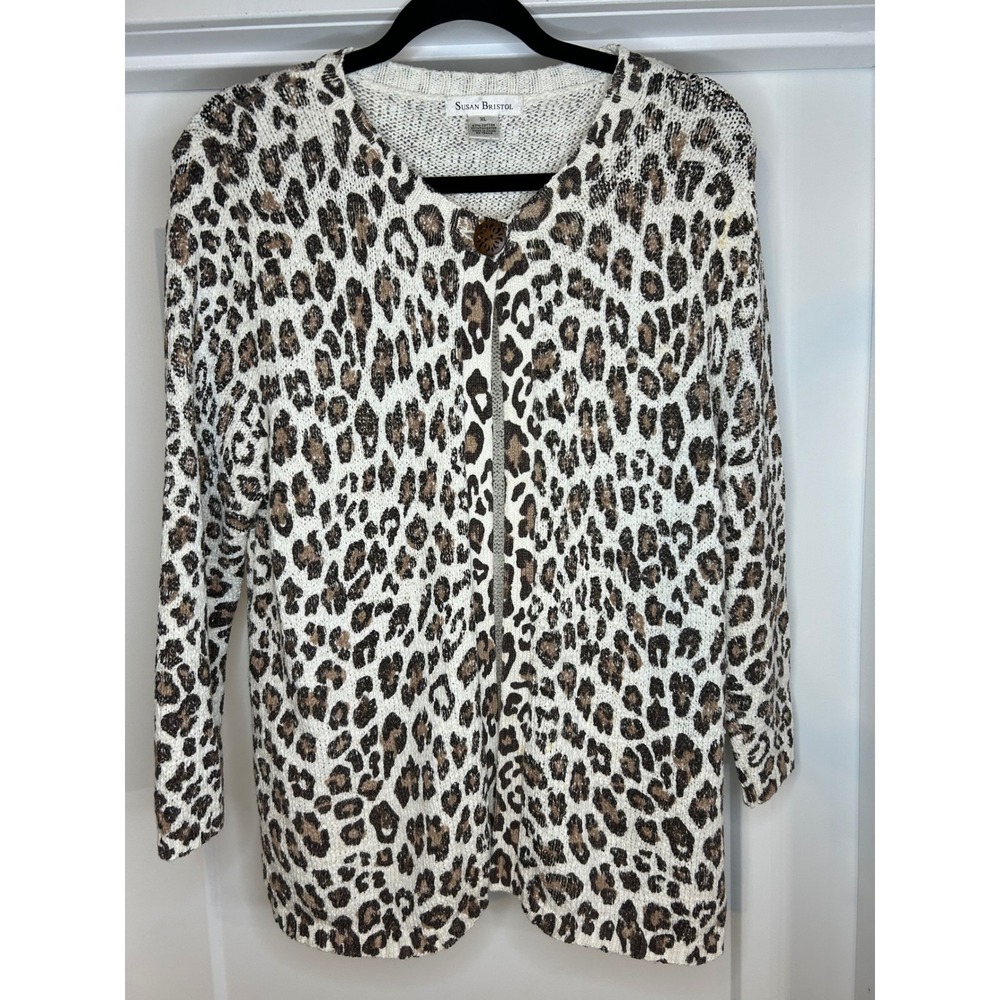 Susan‎ Bristol Leopard Print Cardigan Sweater XL Womens Brown Tan Animal Knit